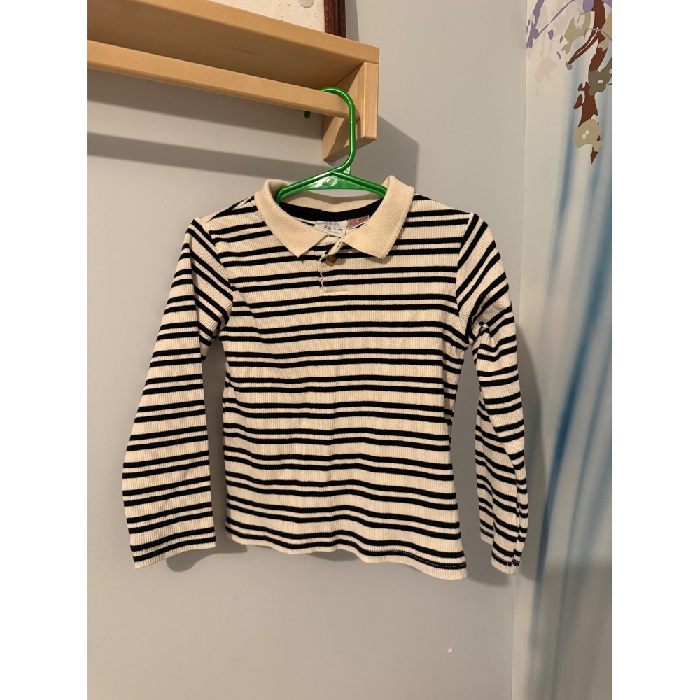 Zara Kids Striped Ribbed Long Sleeve Polo Shirt Black Cream 2-3 Years 98cm